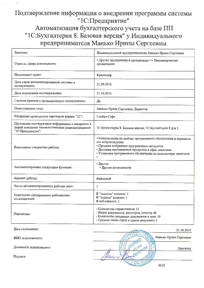 Автоматизация бухгалтерского учета на базе ПП "1С:Бухгалтерия 8. Базовая версия" у Индивидуального предпринимателя Манько Ирины Сергеевны