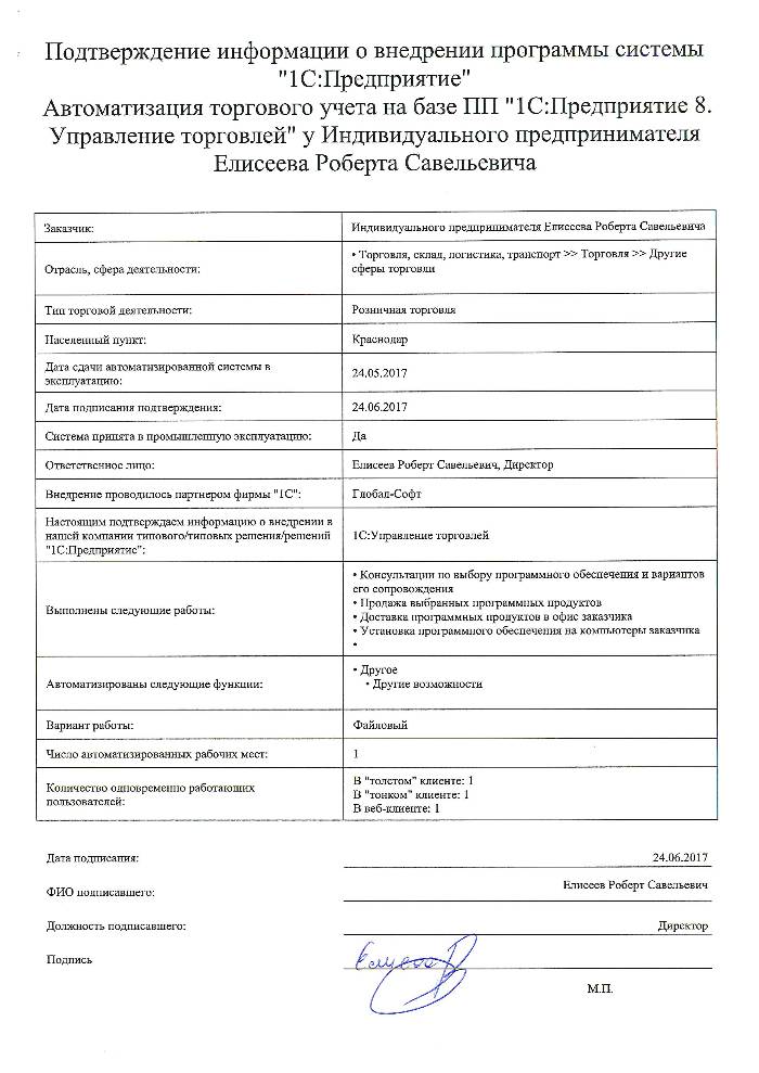 Автоматизация торгового учета на базе ПП "1С:Предприятие 8. Управление торговлей" у Индивидуального предпринимателя Елисеева Роберта Савельевича