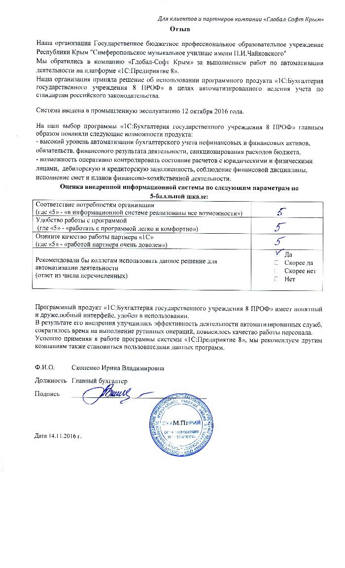 Автоматизация ведения бухгалтерского учета на базе ПП "1С:Бухгалтерия государственного учреждения 8" в Государственном бюджетном профессиональном образовательном учреждении РК"Симферопольское музыкальное училище имени П.И.Чайковского"