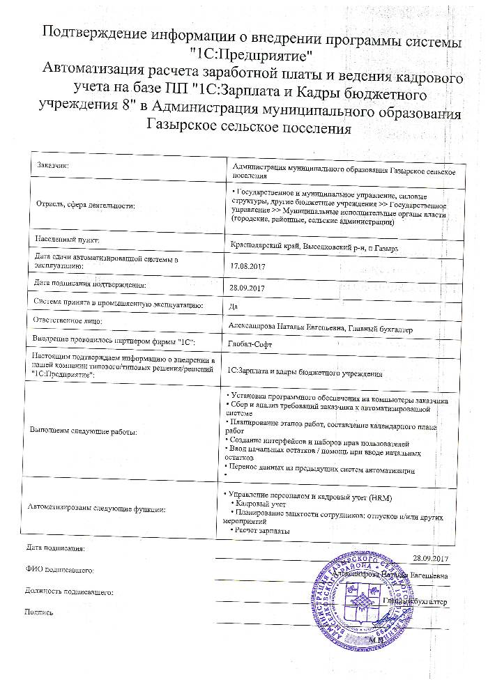 Автоматизация расчета заработной платы и ведения кадрового учета на базе ПП "1С:Зарплата и Кадры бюджетного учреждения 8" в Администрации муниципального образования Газырское сельское поселения