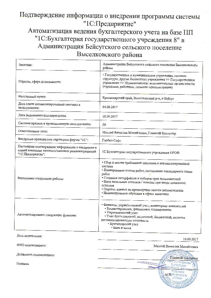 Автоматизация ведения бухгалтерского учета на базе ПП "1С:Бухгалтерия государственного учреждения 8" в Администрация Бейсугского сельского поселение Выселковского района