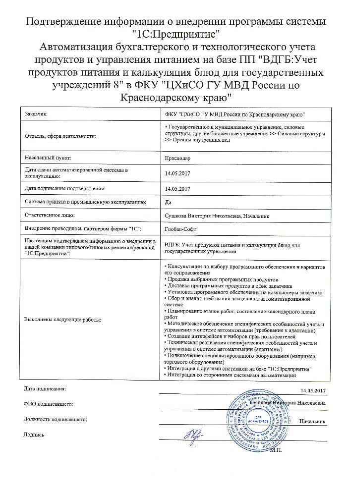 Автоматизация бухгалтерского и технологического учета продуктов и управления питанием на базе ПП "ВДГБ:Учет продуктов питания и калькуляция блюд для государственных учреждений 8" в ФКУ "ЦХиСО ГУ МВД России по Краснодарскому краю"