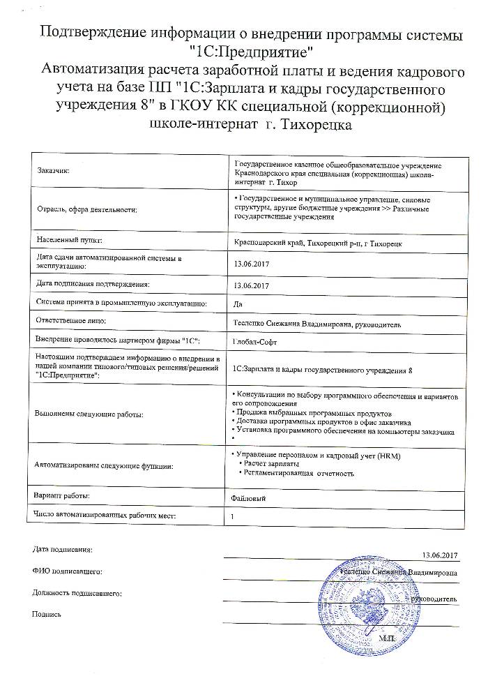 Автоматизация расчета заработной платы и ведения кадрового учета на базе ПП "1С:Зарплата и кадры государственного учреждения 8" в ГКОУ КК специальной (коррекционной) школе-интернат г. Тихорецка