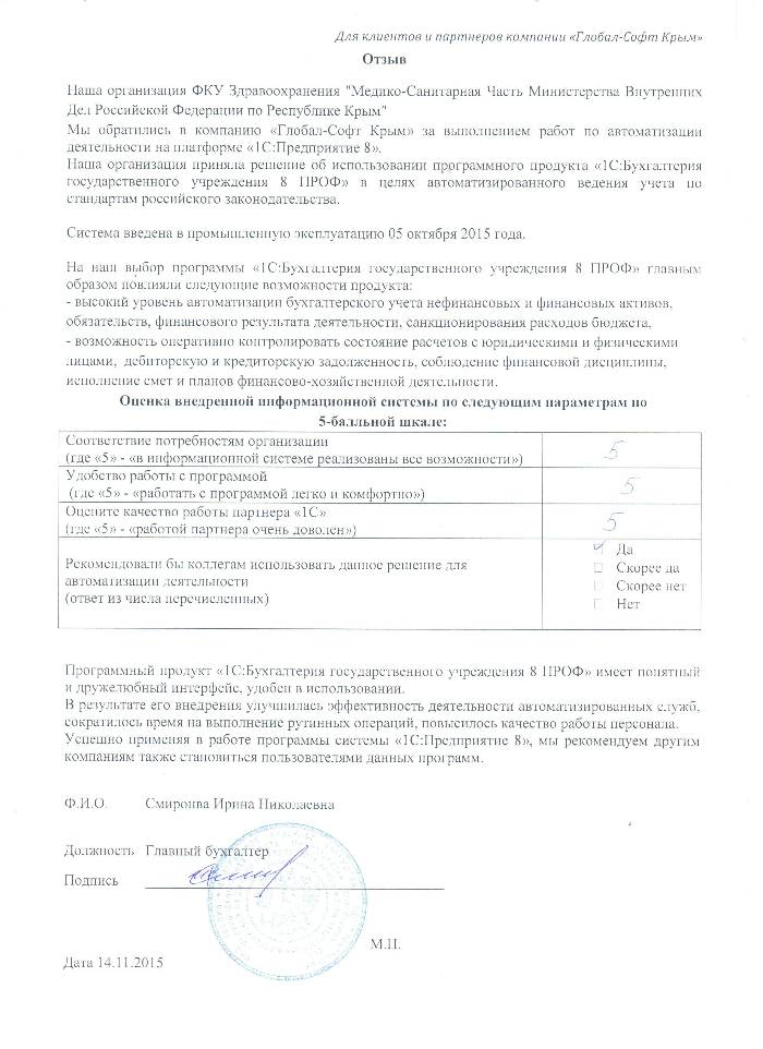 Автоматизация ведения бухгалтерского учета на базе ПП "1С:Бухгалтерия государственного учреждения 8" в ФКУ Здравоохранения "Медико-Санитарная Часть Министерства Внутренних Дел Российской Федерации по Республике Крым"