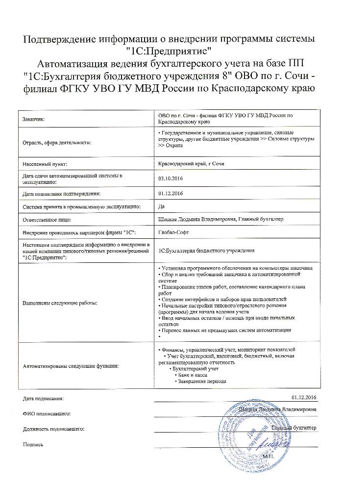 Автоматизация ведения бухгалтерского учета на базе ПП "1С:Бухгалтерия бюджетного учреждения 8" ОВО по г. Сочи - филиал ФГКУ УВО ГУ МВД России по Краснодарскому краю