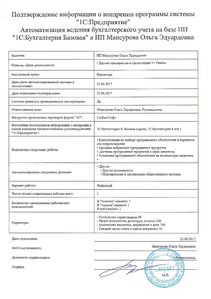 Автоматизация ведения бухгалтерского учета на базе ПП "1С:Бухгалтерия 8 Базовая" у ИП Мансуровой Ольги Эдуардовны