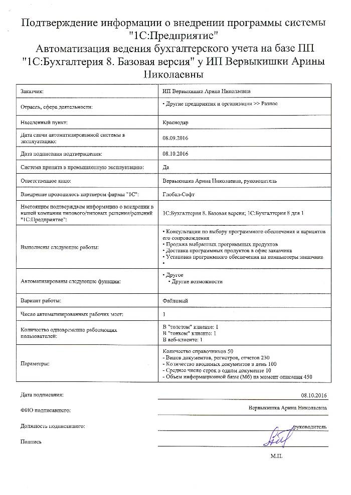 Автоматизация ведения бухгалтерского учета на базе ПП "1С:Бухгалтерия 8. Базовая версия" у ИП Вервыкишки Арины Николаевны