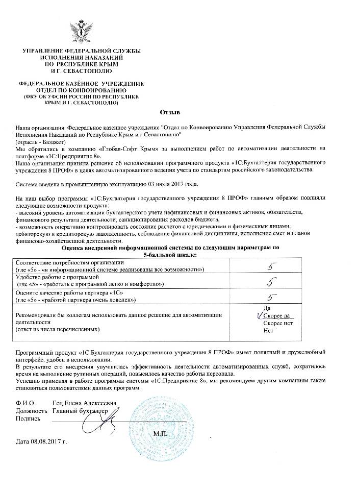 Автоматизация ведения бухгалтерского учета на базе ПП "1С:Бухгалтерия государственного учреждения 8" в ФКУ "Отдел по Конвоированию Управления Федеральной Службы Исполнения Наказаний по Республике Крым и г.Севастополю"